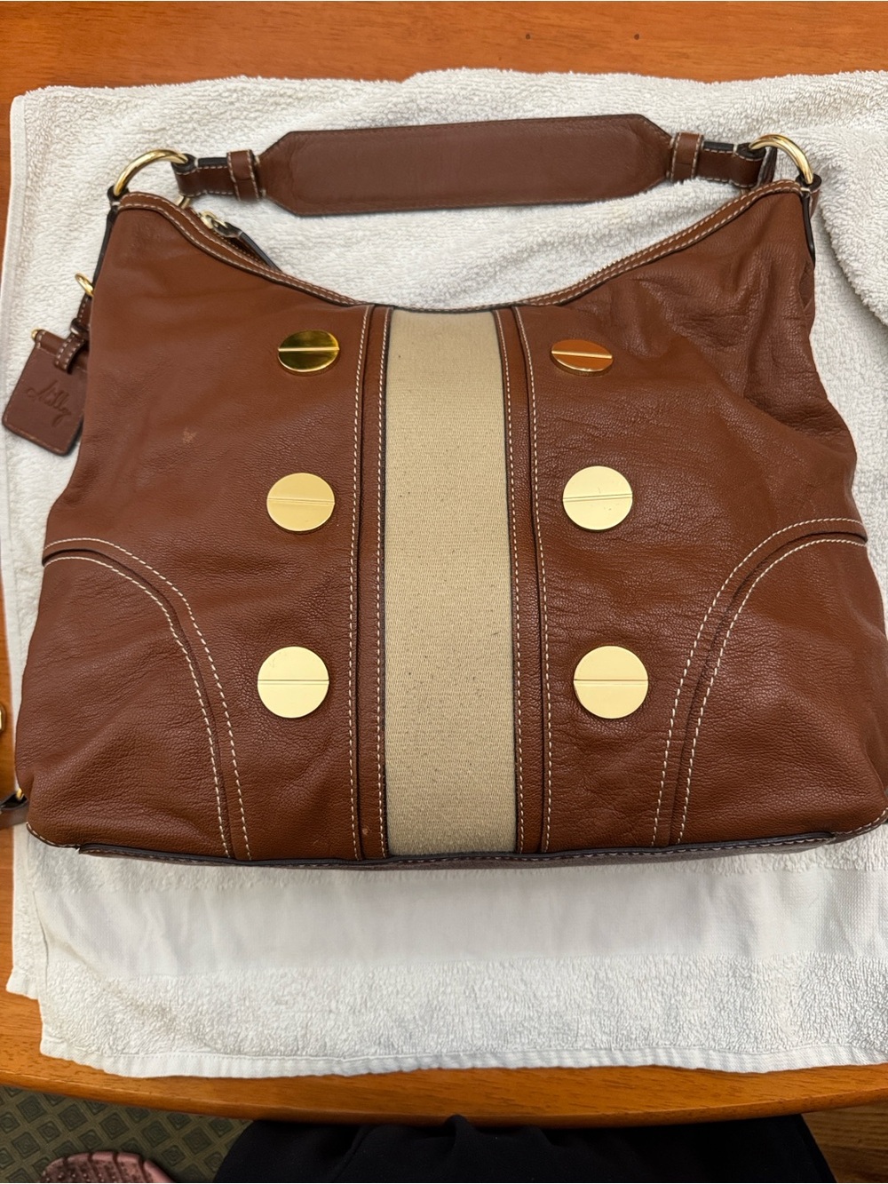 Milky of New York Brown Leather Shoulder Bag-Canvas Stripe & Gold Accents